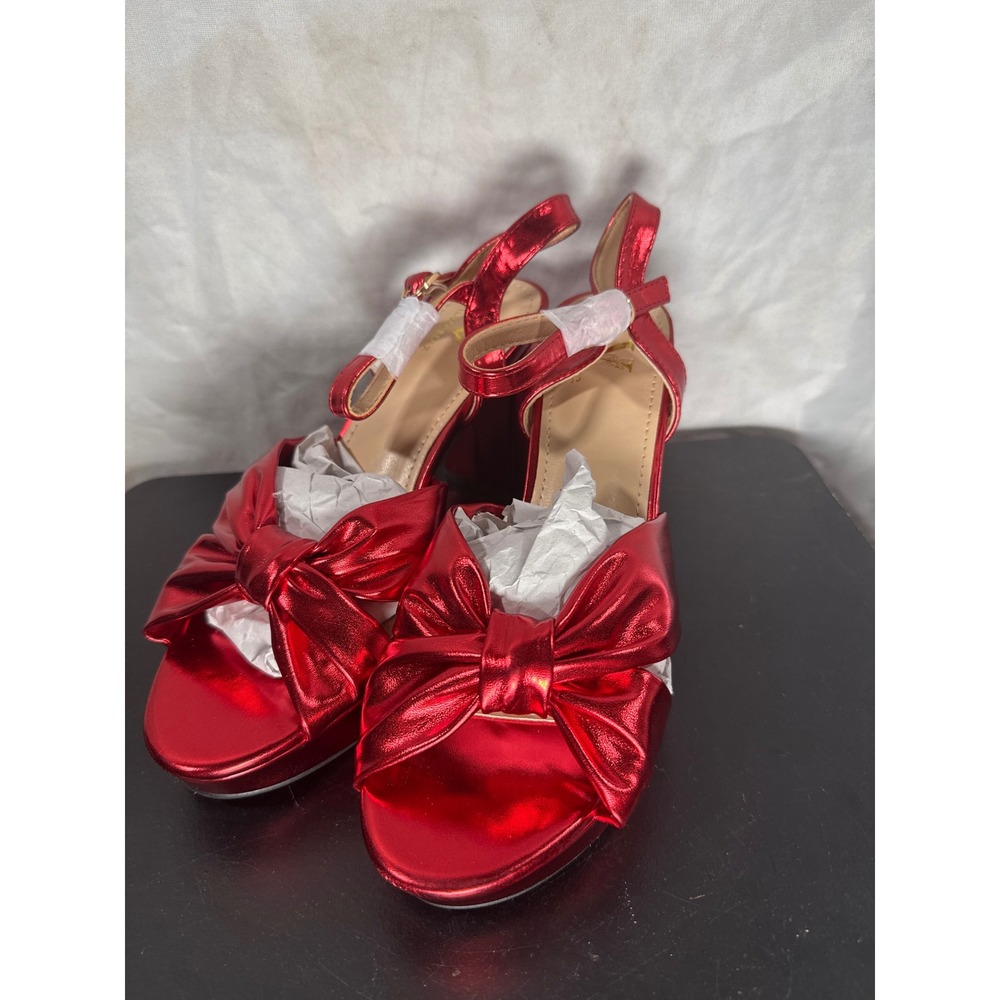 VILOPORLOR Red Metallic Bow Platform Block Heel Sandals Womens Size 8